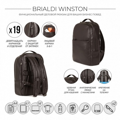 Стильный деловой рюкзак с 19 карманами и отделениями Winston (Винстон) relief brown Brialdi