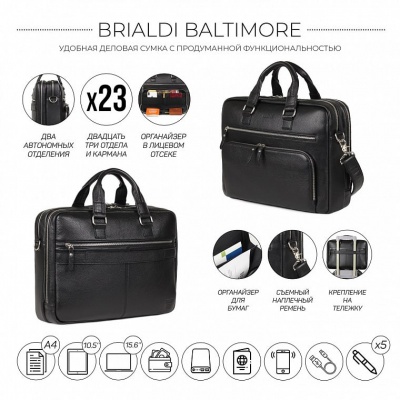 Мужская деловая сумка с 23 карманами и отделами Baltimore (Балтимор) relief black Brialdi